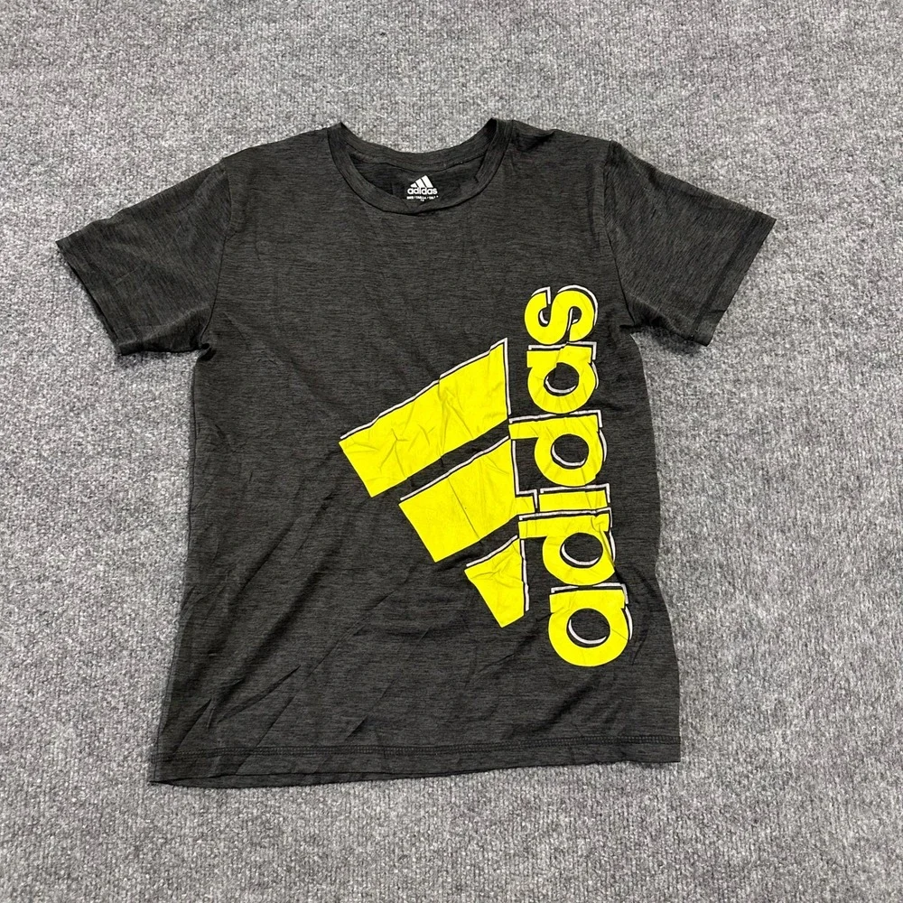 Adidas T-Shirt Boys Size M 10/12 Charcoal Gray Neon Yellow Graphic Logo Athletic